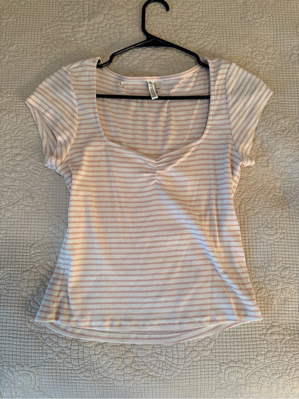 H&M Pink & White Striped Scoop Neck Short Sleeve Top